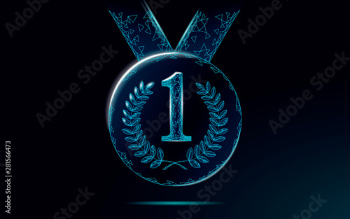 Low poly winner medal on ribbon. Contest leader first place ceremony trophy. Team success business concept. Win champion competition prize polygonal vector illustration.