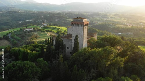 Wallpaper Mural Aerial view of a beautiful architectural stone building of the Middle Ages located on a high hill among the trees is a sunny summer morning. Concept of fund of unique medieval architectural monuments Torontodigital.ca