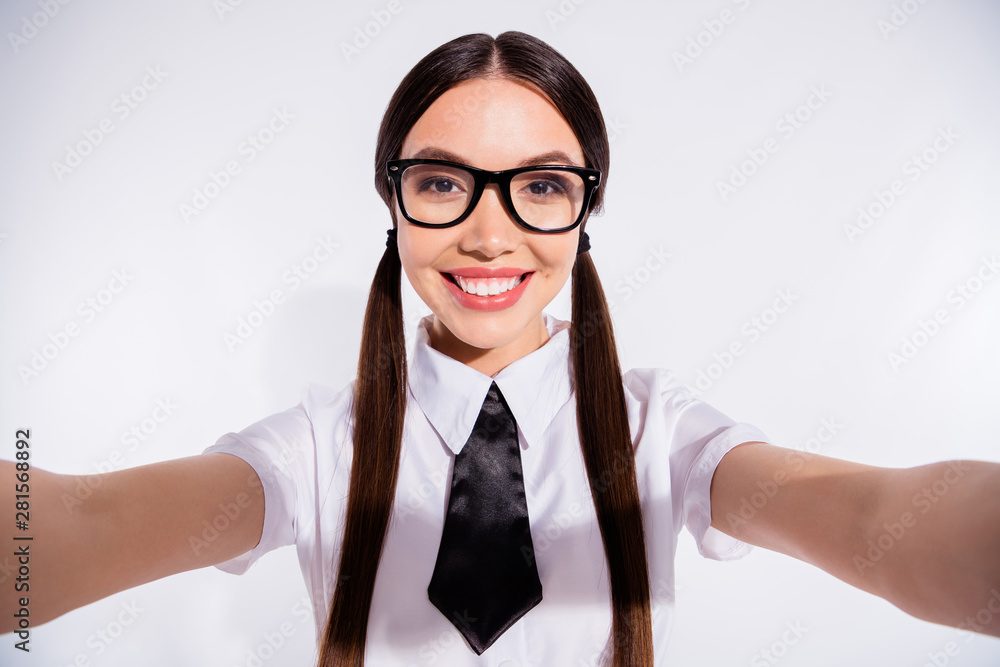 Close up photo beautiful she her lady exchange student make take selfies glad excited return back school 1 september wear specs short red checkered costume pantyhose isolated white background Close up photo beautiful she her lady exchange student make take selfies glad excited return back school 1 september wear specs short red checkered costume pantyhose isolated white background