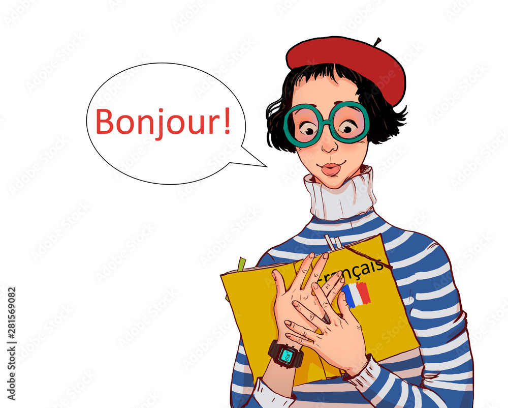 Young Girl Saying Hello In French And Holding A French Language Book Learning French Concept Stock イラスト Adobe Stock