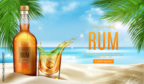 Rum bottle and glass with ice cubes and splash stand on sandy beach at seascape background with palm leaves, mockup banner. flask with cold condensation water drops, Realistic 3d vector illustration
