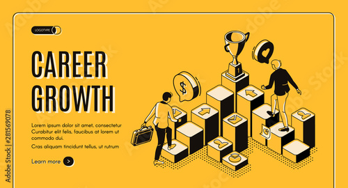 Career growth isometric landing page, businessmen going upstairs by column chart with trophy goblet stand on top, business challenge, job achievement, work progress. 3d vector line art web banner