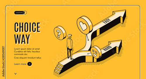 Choice way isometric landing page, businessman stand on road fork with hard and easy directions, making decision what path to choose, crossroad, business challenge, task 3d vector line art web banner