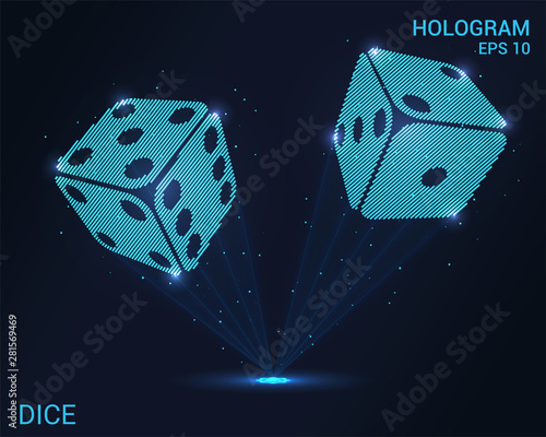 Dice hologram. Holographic projection of casino dice. Flickering energy flux of particles. The scientific design of gambling.