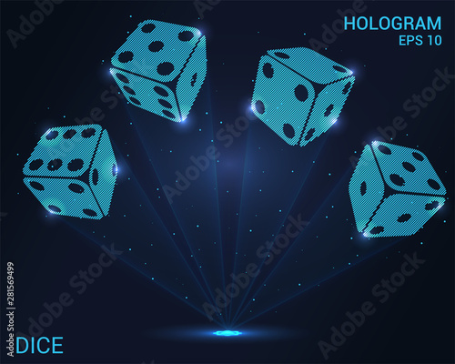 Dice hologram. Holographic projection of casino dice. Flickering energy flux of particles. The scientific design of gambling.