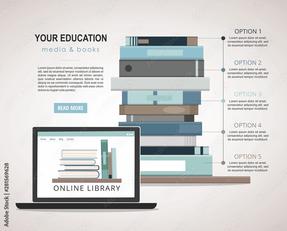 E-learning concept. Education infographic with pile of books and laptop. E-learning concept. Education infographic with pile of books and laptop.