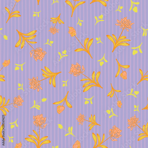 Pink orange african lilly flower on purple stripes background summer floral seamless vector pattern for fabric, wallpaper, scrapbooking, projects.