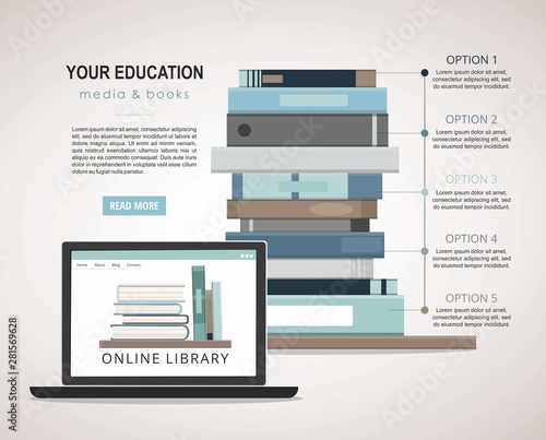 E-learning concept. Education infographic with pile of books and laptop. 