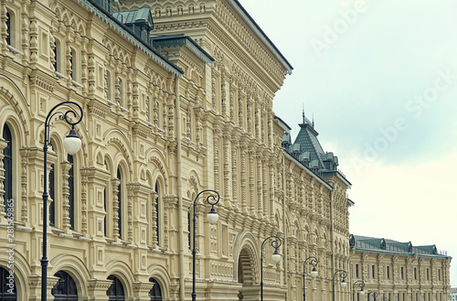 Perspective view of beautiful decorated facade building. Fragment  historical building, 5, Red square, Kitay-Gorod district. Middle trading rows, store Moscow, Russia