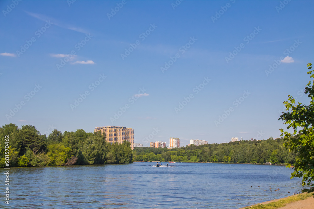 Beautiful sunny views of the Moscow River in the capital