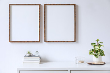 Minimalistic home decor of interior with two brown wooden mock up photo frames above the white shelf with books, beautiful plant in stylish pot and home accessories. White wall. Concept of mockup.