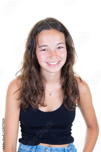 Indoor picture of young good-looking teenage girl isolated on white background in black casual T-shirt feeling relaxed and positive