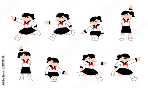 指差す笑顔のセーラー服姿の女子セット（デフォルメカラー）