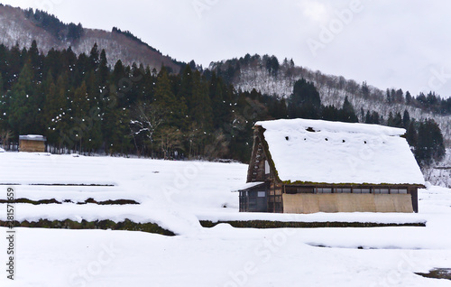 The left side of small brown wooden house covered with white snow on its roof in shirakawago world heritage village in Toyama Japan on snowy day in winter