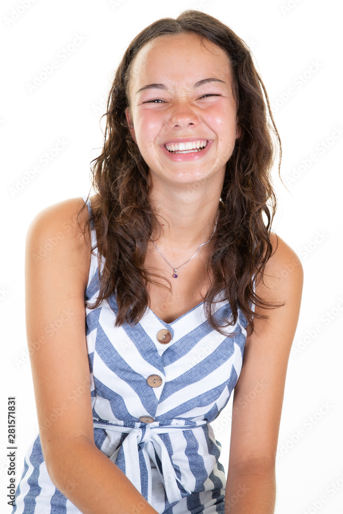 Happy girl teenager in white blue striped outfit clothes Happy girl teenager in white blue striped outfit clothes