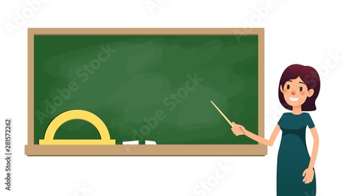 School teacher in classroom near blackboard. Cartoon flat women with pointer is teaching lesson. Female teacher on lesson showing on board. Vector illustration