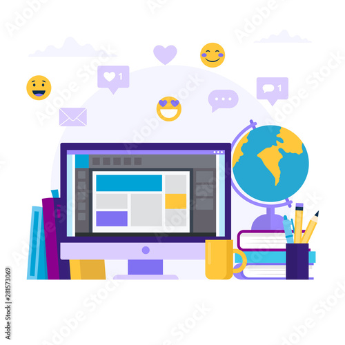 Online education concept illustration with a computer and different books. Vector illustration in flat style