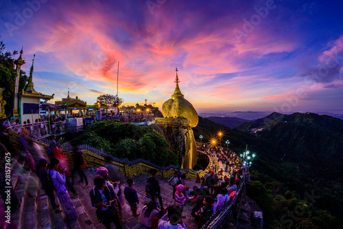 Kyaiktiyo Pagoda also known as Golden Rock,is a well-known Buddhist pilgrimage site in Mon State, Burma. It is a small pagoda built on the top of a granite boulder covered with gold leaves