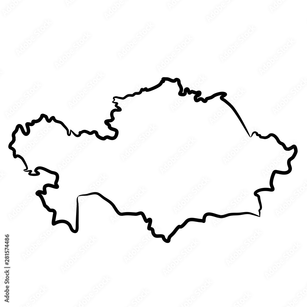 Kazakhstan map from the contour black brush lines different thickness on white background. Vector illustration.