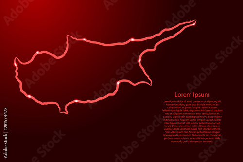 Fotografie, Obraz Cyprus map from the contour red brush lines different thickness and glowing stars on dark background