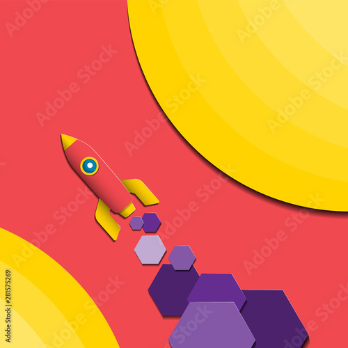 Background illustration of a rocket with the geometric elements of the hexagons. Paper print design element cover flyer. Vector image.