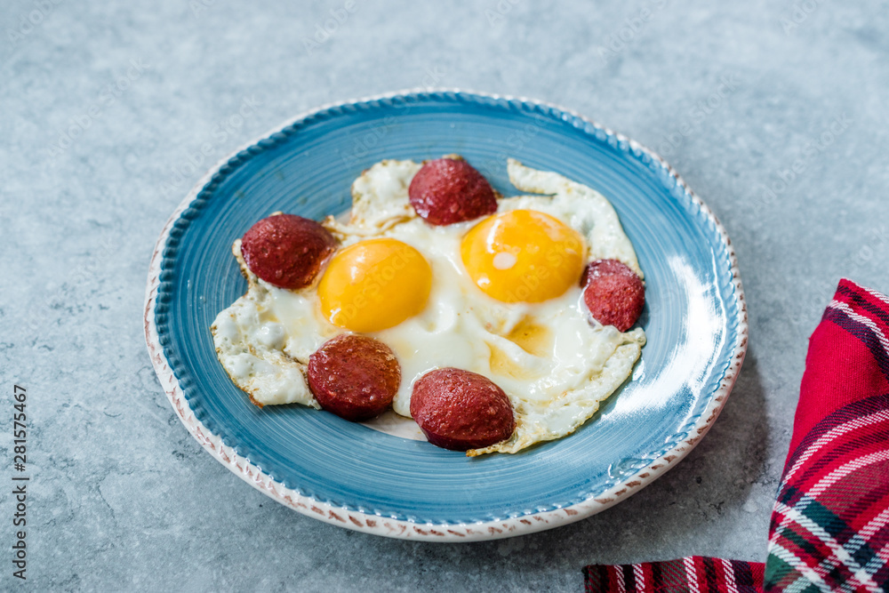 Turkish Breakfast Sucuk with Fried Eggs / Salami or Sujuk Turkish Breakfast Sucuk with Fried Eggs / Salami or Sujuk