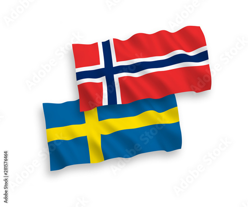 National vector fabric wave flags of Norway and Sweden isolated on white background. 1 to 2 proportion.