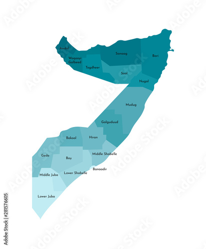 Vector isolated illustration of simplified administrative map of Somalia﻿. Borders and names of the regions. Colorful blue khaki silhouettes