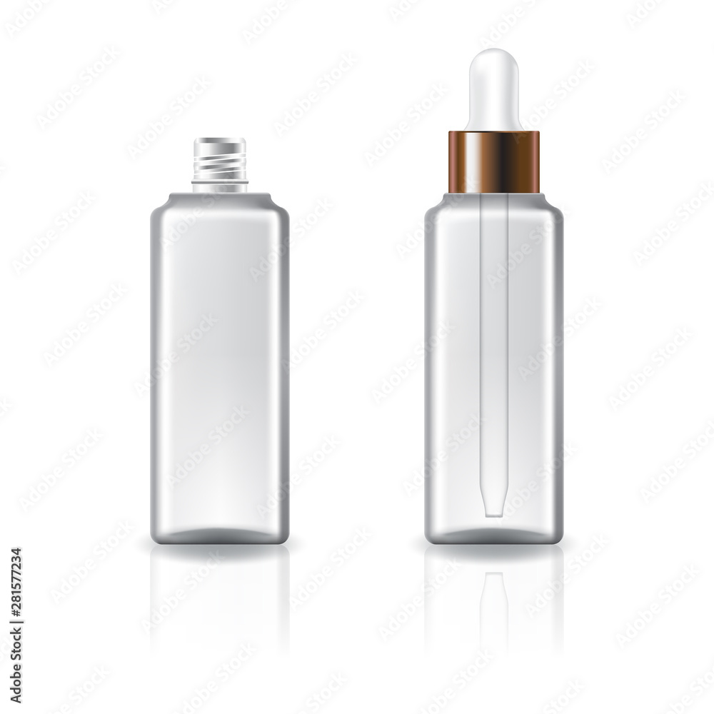 Clear cosmetic square bottle with white dropper and copper ring for beauty, healthy product. Isolated on white background with reflection shadow. Ready to use for package design. Vector illustration. Clear cosmetic square bottle with white dropper and copper ring for beauty, healthy product. Isolated on white background with reflection shadow. Ready to use for package design. Vector illustration.