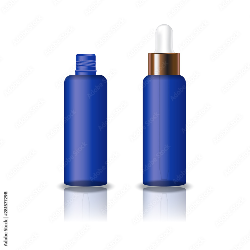 Blank blue clear cosmetic round bottle with white dropper lid for beauty product packaging. Isolated on white background with reflection shadow. Ready to use for package design. Vector illustration. Blank blue clear cosmetic round bottle with white dropper lid for beauty product packaging. Isolated on white background with reflection shadow. Ready to use for package design. Vector illustration.