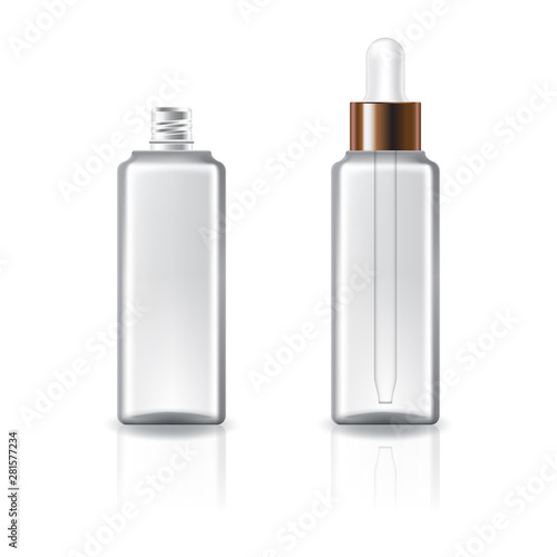 Clear cosmetic square bottle with white dropper and copper ring for beauty, healthy product. Isolated on white background with reflection shadow. Ready to use for package design. Vector illustration.