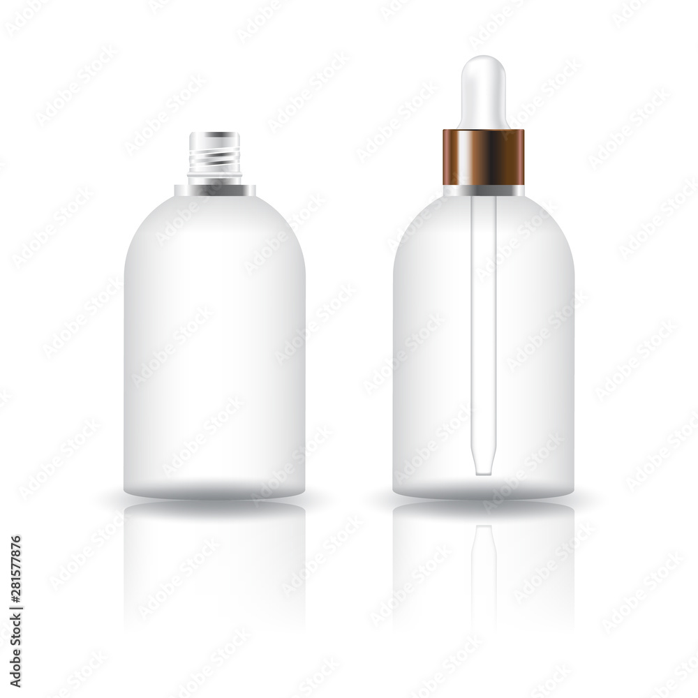 Blank clear round cosmetic bottle with white dropper lid for beauty or healthy product. Isolated on white background with reflection shadow. Ready to use for package design. Vector illustration. Blank clear round cosmetic bottle with white dropper lid for beauty or healthy product. Isolated on white background with reflection shadow. Ready to use for package design. Vector illustration.