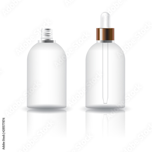 Blank clear round cosmetic bottle with white dropper lid for beauty or healthy product. Isolated on white background with reflection shadow. Ready to use for package design. Vector illustration.
