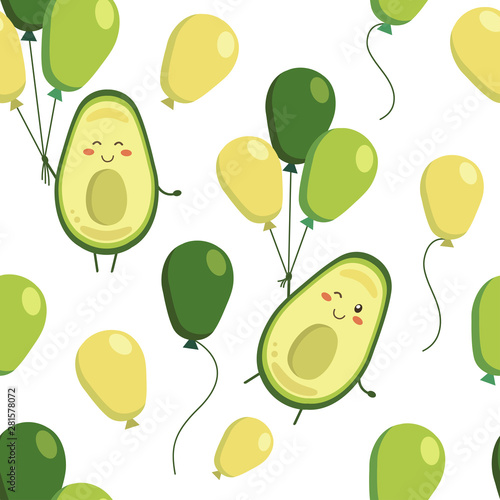 Vector seamless pattern with smiling avocado characters and flying colourful balloons in yellow green colors. Endless texture. Wrapping paper,textile fabric print. Positive t-shirt print for children