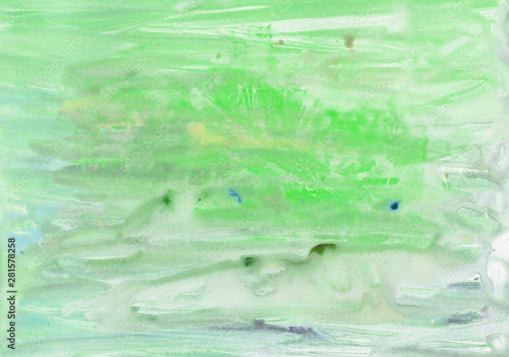 Green watercolor splash background. Paint stains with spots, blots, grains, splashes. Colorful wallpaper.
