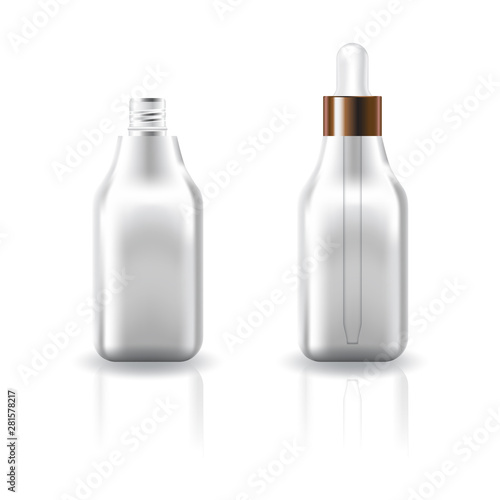 Blank clear square cosmetic bottle with white dropper lid for beauty or healthy product. Isolated on white background with reflection shadow. Ready to use for package design. Vector illustration.