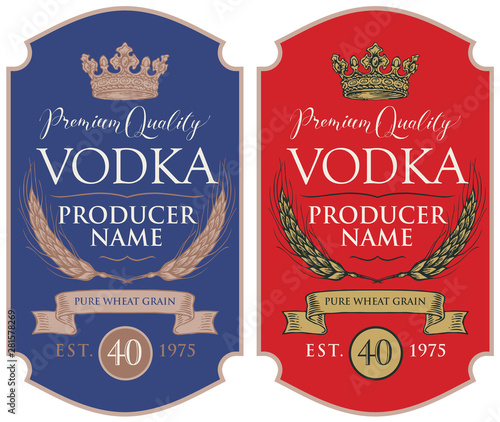 Set of two vector labels for vodka in the figured frame with crown, ears of wheat, ribbon and inscriptions in retro style. Premium quality, pure wheat grain