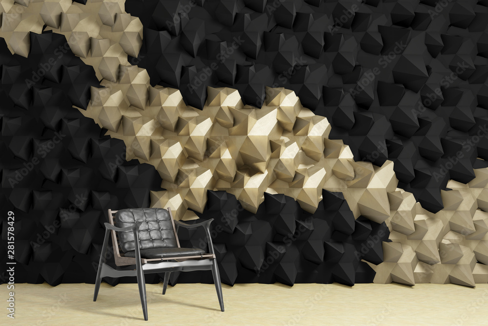 Fototapeta premium black polygonal wall with chair, empty room, 3d rendering