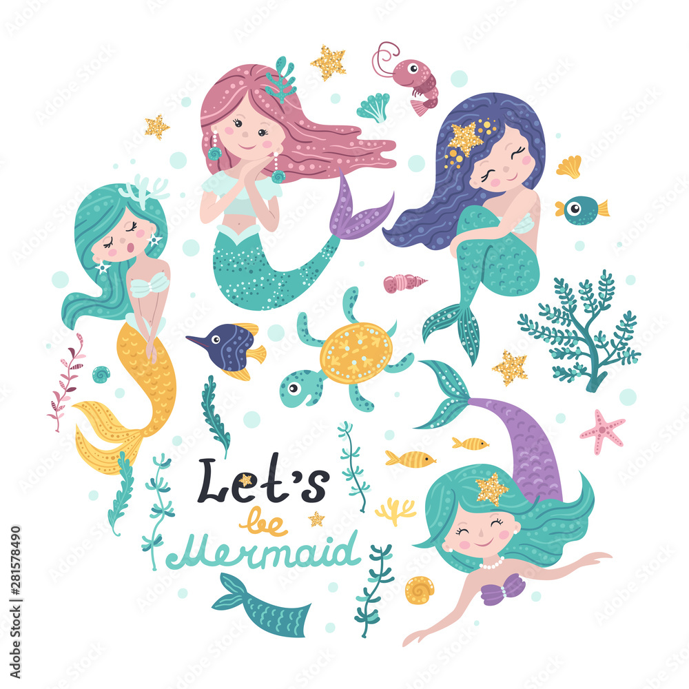 Poster with mermaids and lettering Poster with mermaids and lettering