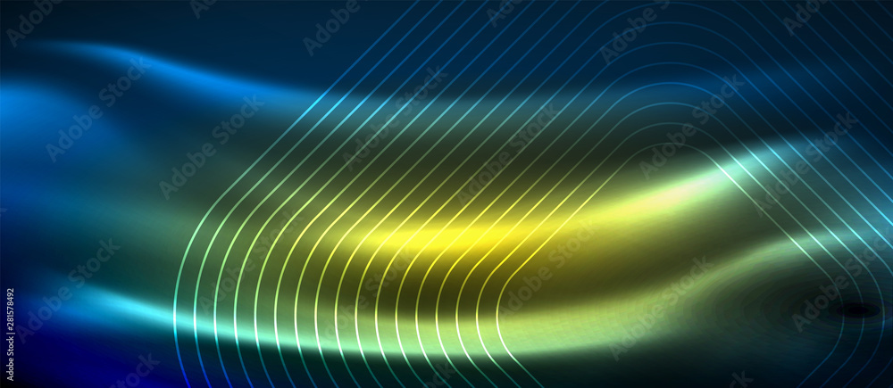 Neon glowing techno lines, hi-tech futuristic abstract background template with square shapes Neon glowing techno lines, hi-tech futuristic abstract background template with square shapes