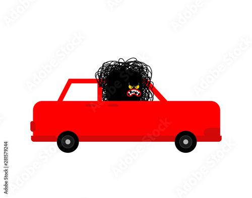 Angry driver Hater. Hatred Black monster in car. Vector illustration