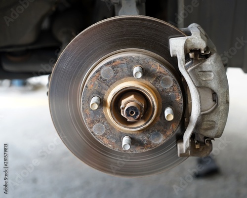 A front right wheel disc car brake suite.