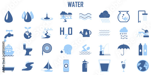 Set of water drinks boat ship rain fishing river mountain flat  style. High quality  drop symbols for web site design and mobile apps. Simple water pictograms on a white background.