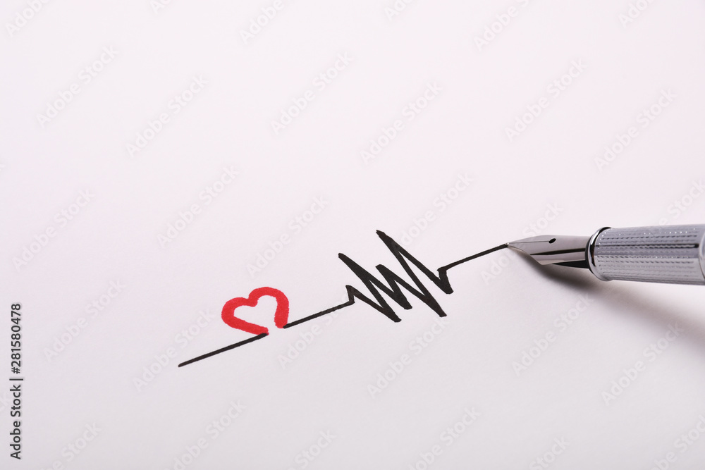 Heart rhythm hand drawing, electrocardiogram, heart beat pulse line concept on white paper Heart rhythm hand drawing, electrocardiogram, heart beat pulse line concept on white paper