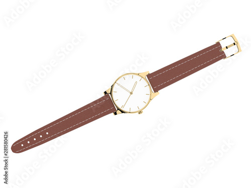 Wrist watch. White dial with golden case and brown leather bracelet. 3d rendering illustration