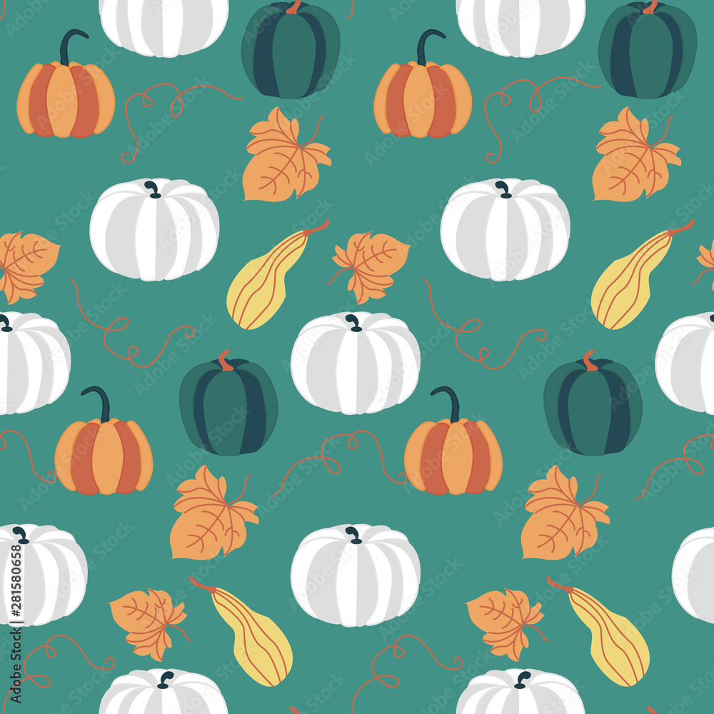White and orange pumpkins in an autumn pattern design