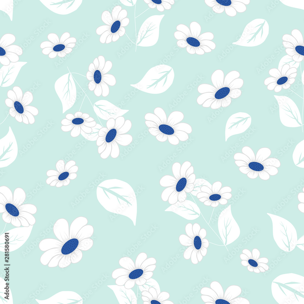 White flowers on a blue background, in a seamless pattern design
