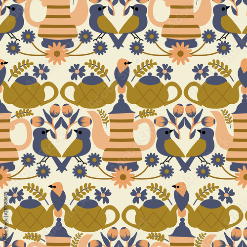 Teapots and birds in a folk art seamless pattern