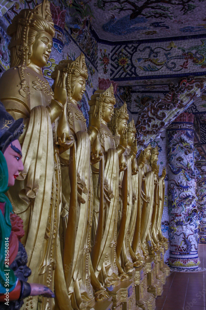 A number of beautiful Golden statues in Vietnam in the city of Dalat Linh Phuoc Pagoda