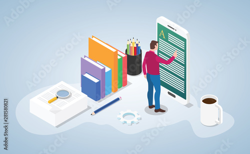 online or digital reading book concept with people read on smartphone apps with modern isometric flat style - vector